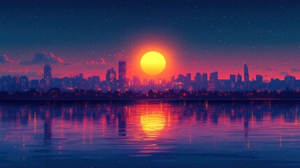Vibrant sunset over a calm city lake, reflecting city lights and a large sun.