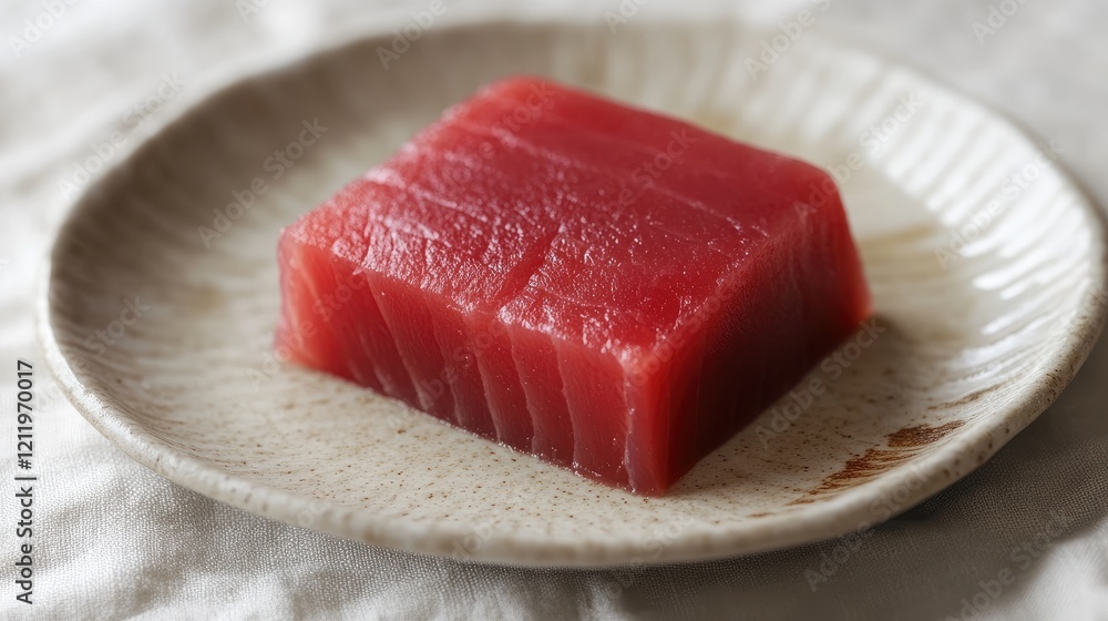 Aufkleber fresh tuna tataki served on a textured white plate showcasing its vibrant red color and presentation