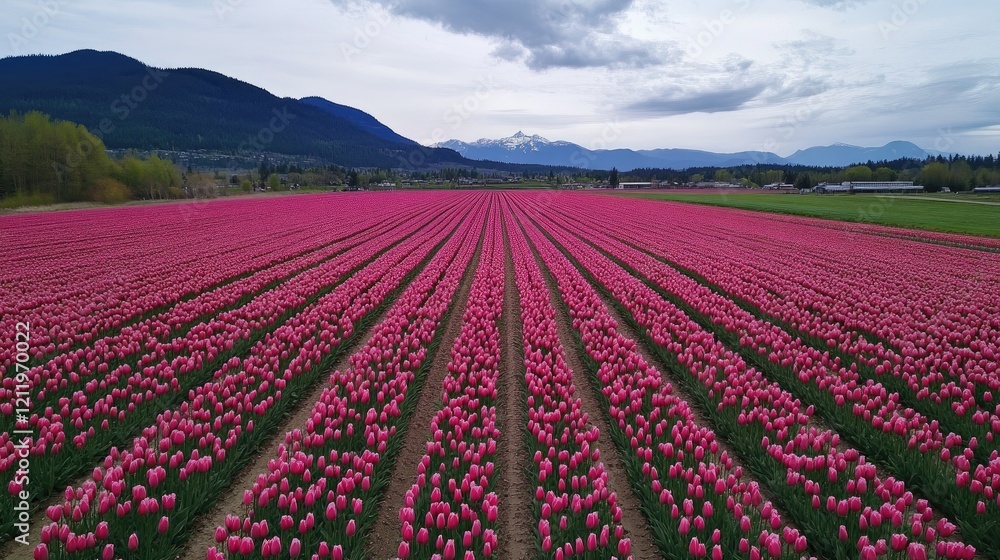 Poster Vibrant pink tulip fields in bloom with mountains in the background under a cloudy sky creating a picturesque spring landscape.