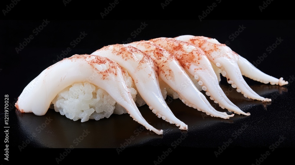 Poster delicate sushi featuring true squid legs elegantly arranged on rice with subtle seasoning on a sleek