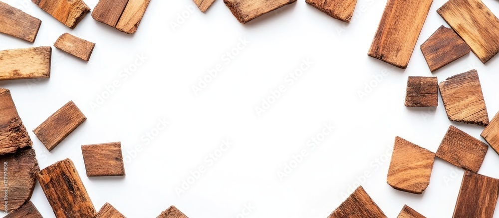 Poster rustic top view of broken wooden joints arranged artistically on a clean white background, creating 