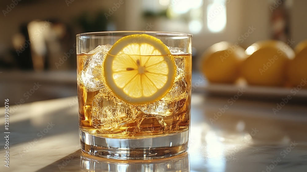 Poster a refreshing drink garnished with a lemon slice and served over ice