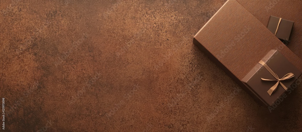 Poster Elegant Brown Gift Boxes on Warm Rustic Background for Celebratory Occasions with Empty Space for Customizable Text Ideas