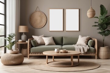 warm space with Khaki sofa, wooden side tables, rattan armchair, blank poster frames