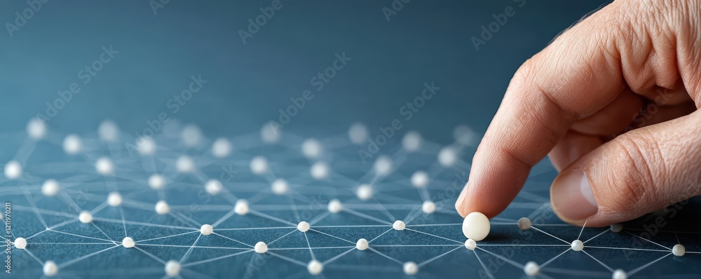 Poster hand touching network nodes on abstract geometric design background