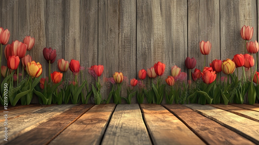 Poster tulips in vibrant colors against a rustic wooden background creating a warm and inviting atmosphere 