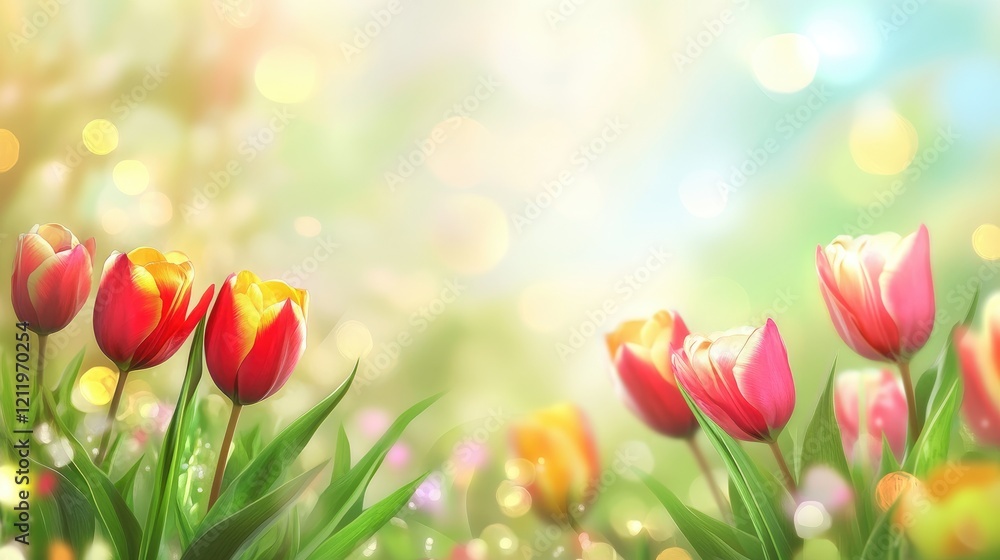 Poster Vibrant tulip flowers with soft blurry background creating a dreamy springtime atmosphere in a garden setting