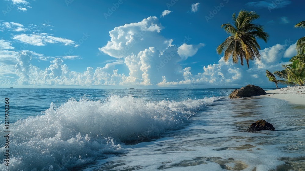 Poster serene tropical beach with palm trees and gentle waves under a blue sky and fluffy clouds in a pictu