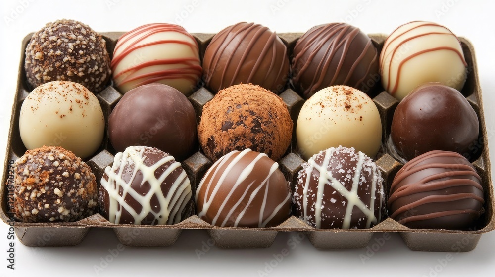 Poster assorted gourmet chocolate truffles in a decorative box showcasing unique flavors and textures perfe