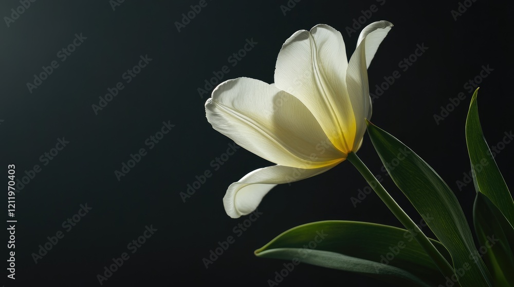 Poster elegant white tulip with soft yellow hues illuminated against a dark background creating a serene an