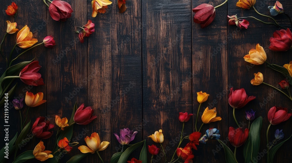 Poster Vibrant tulips arranged on a rustic wooden background creating a colorful floral frame for spring or garden themed designs.