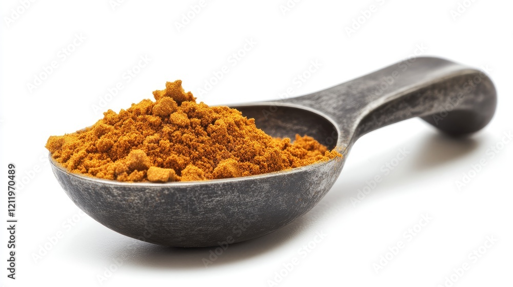 Aufkleber turmeric powder in metal scoop showcasing its vibrant color and texture on a clean white background 