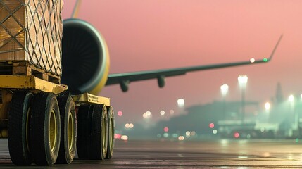 Cargo management logistics network concept. Cargo on a dolly at an airport with an airplane in the background during twilight.