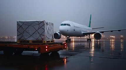 Fototapeta premium Cargo management logistics network concept. Cargo plane on a rainy airport runway with a large freight container next to it, illuminated by ambient lights in a moody atmosphere.