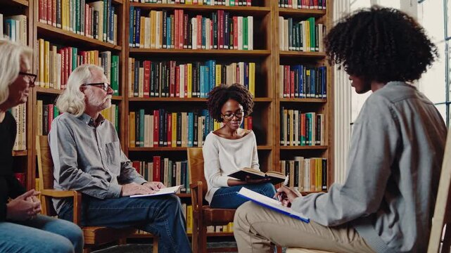 Group engages in discussion and reading session at local library during afternoon