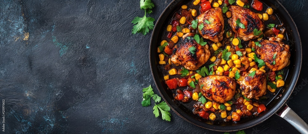 Aufkleber Sizzling chicken thighs with sweet corn and colorful vegetables in a black frying pan on a dark textured background with ample empty space for text