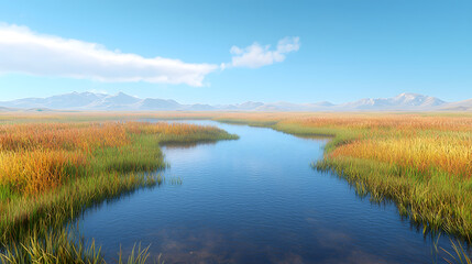 Fototapeta premium Serene River in Autumn Meadow: A tranquil stream winds through a picturesque autumnal meadow, reflecting the clear blue sky and distant mountains in its still waters. The scene evokes peace.