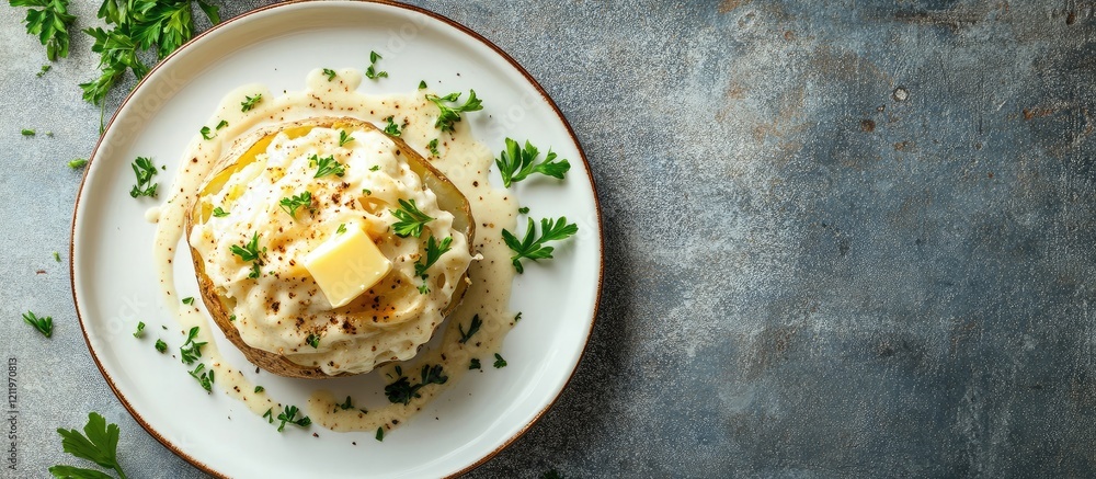 Poster baked potato topped with creamy sauce and butter on a white plate surrounded by fresh parsley on a r