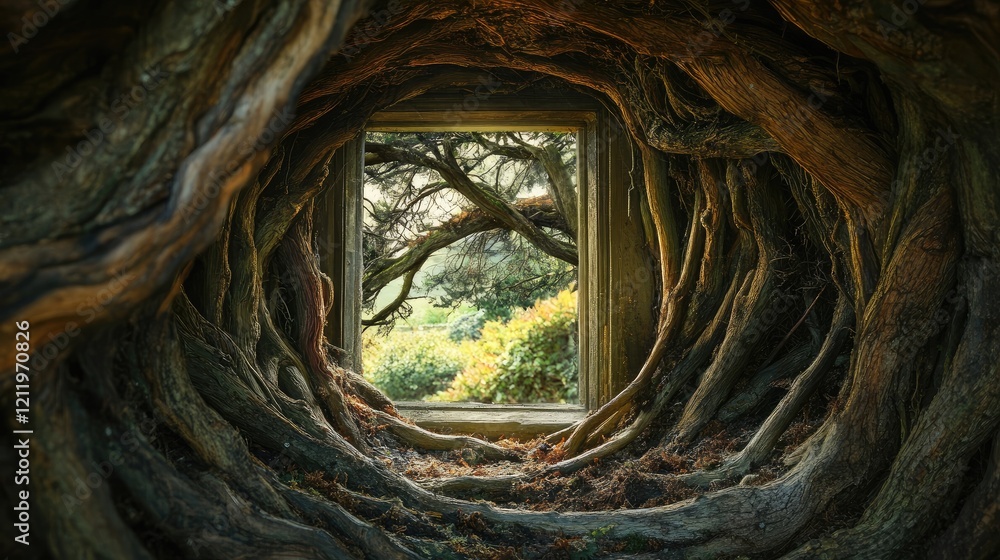 Leinwandbilder Yew Tree Tunnel Framed by Rustic Window with Lush Greenery in Background