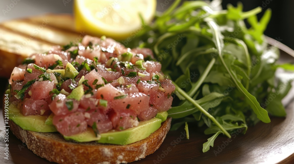 Poster fresh tuna tartare on avocado with arugula and grilled toast served with lemon wedge and fresh bague