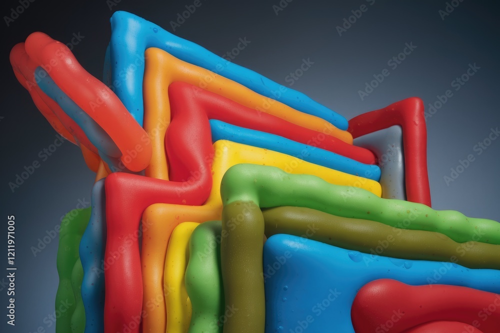 Poster abstract 3d rendering of colorful, layered, interconnected shapes resembling a vibrant, playful stru