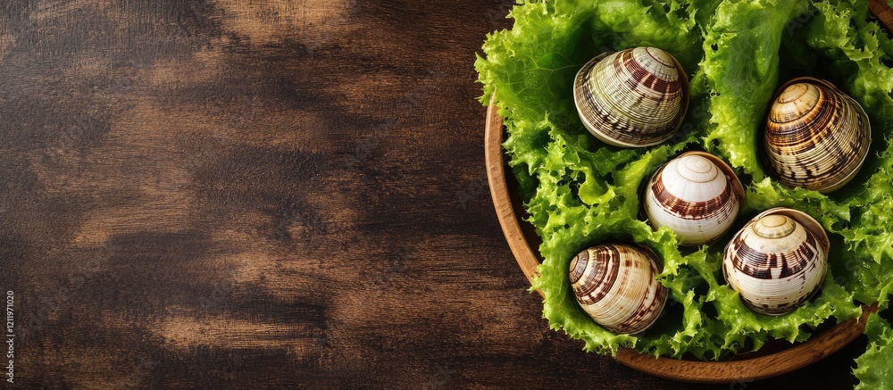 Poster top view of gourmet lettuce with helix aspersa domestica snails on rustic wooden table ideal for hig