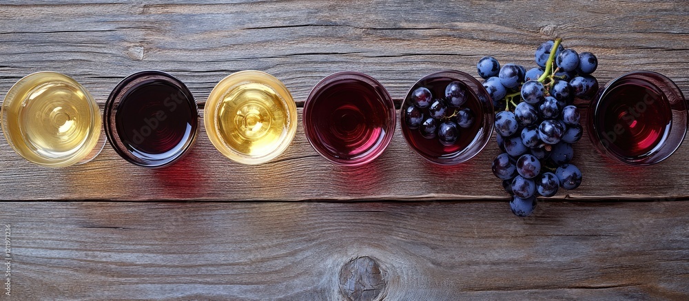 Aufkleber Assembled Collection of Red and White Wines in Glasses with Dark Red Grapes on Rustic Wooden Table Top Wine Region Concept with Ample Space for Text