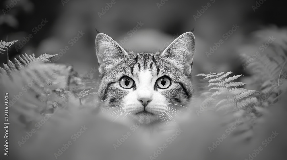 Aufkleber naturalists observe a cat in a forest glade surrounded by lush ferns and soft light