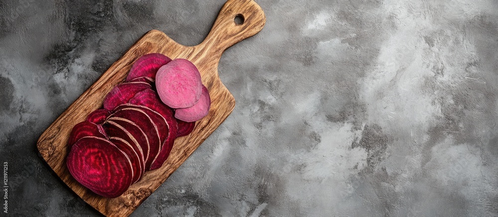 Poster Top view of a wooden cutting board featuring vibrant fresh beetroot slices in shades of deep red and pink against a textured gray background with space for text
