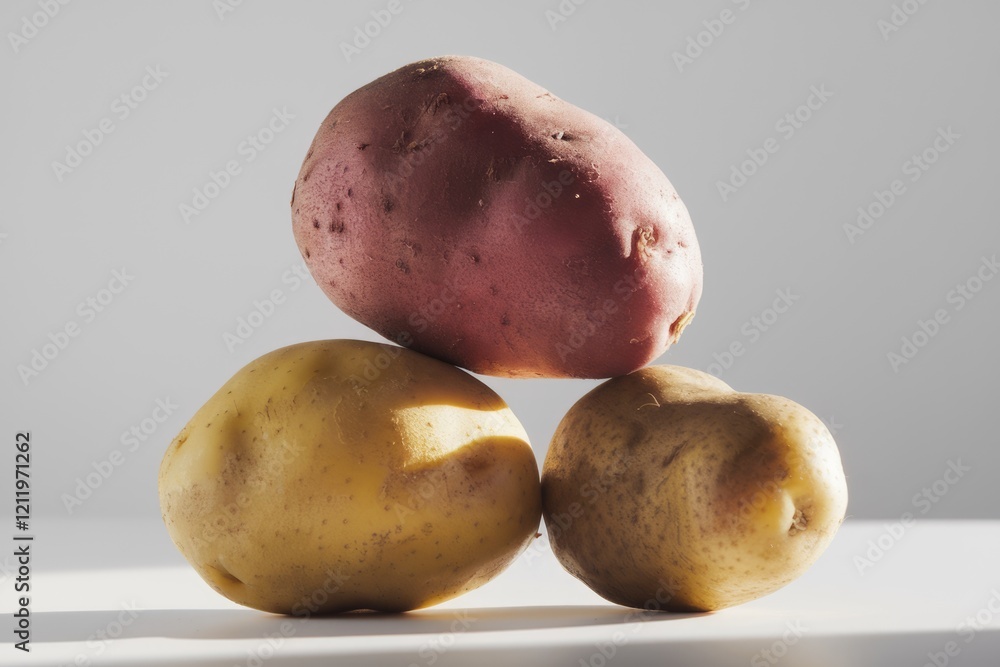 Poster three potatoes of different colors and shapes forming a pyramid.