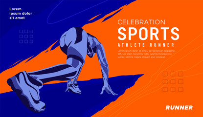 illustration of the silhouette of a sprint athlete. runner athlete with stylized flash of color on white background and geometric ornament. National sports day celebration concept