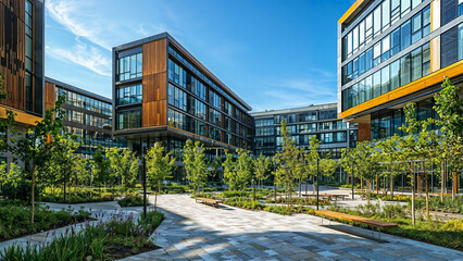 Modern office complex with glass facades and landscaped courtyard, showcasing sustainable architecture, wooden paneling, and natural greenery in an urban environment under a clear blue sky 