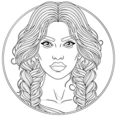 Woman with two pigtails.Coloring book antistress for children and adults. 