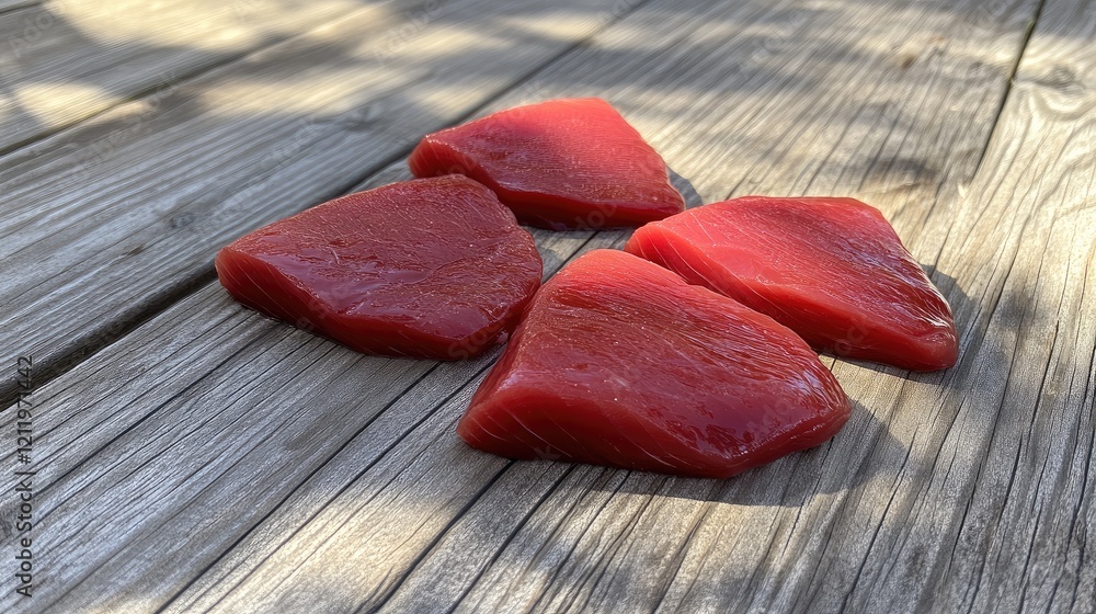 Poster fresh tuna steaks arranged on rustic wooden surface showcasing vibrant color and texture ideal for c