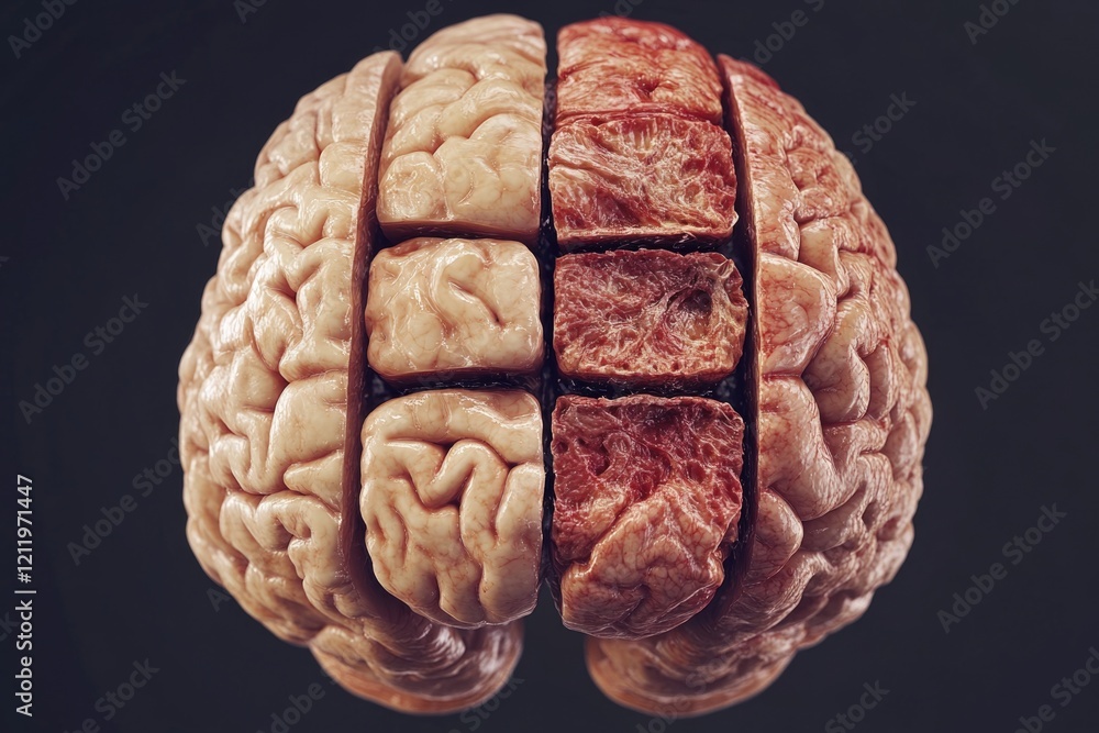Poster a close-up shot of a partially consumed brain, often seen in medical or forensic contexts