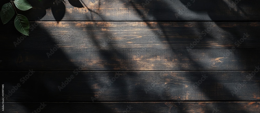 Poster Elegant overhead view of rustic wooden table with subtle leaf shadows illuminated by sunlight on dark background creating space for text or design.