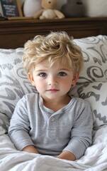 Fototapeta premium A cheerful young boy with curly blonde hair sits up in bed, wearing a light gray long-sleeve top. Soft blankets and pillows create a warm atmosphere, suggesting a leisurely morning