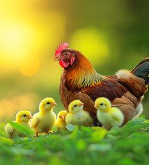 Fototapeta premium Mother chicken with three chickens on green grass on a sunny day.