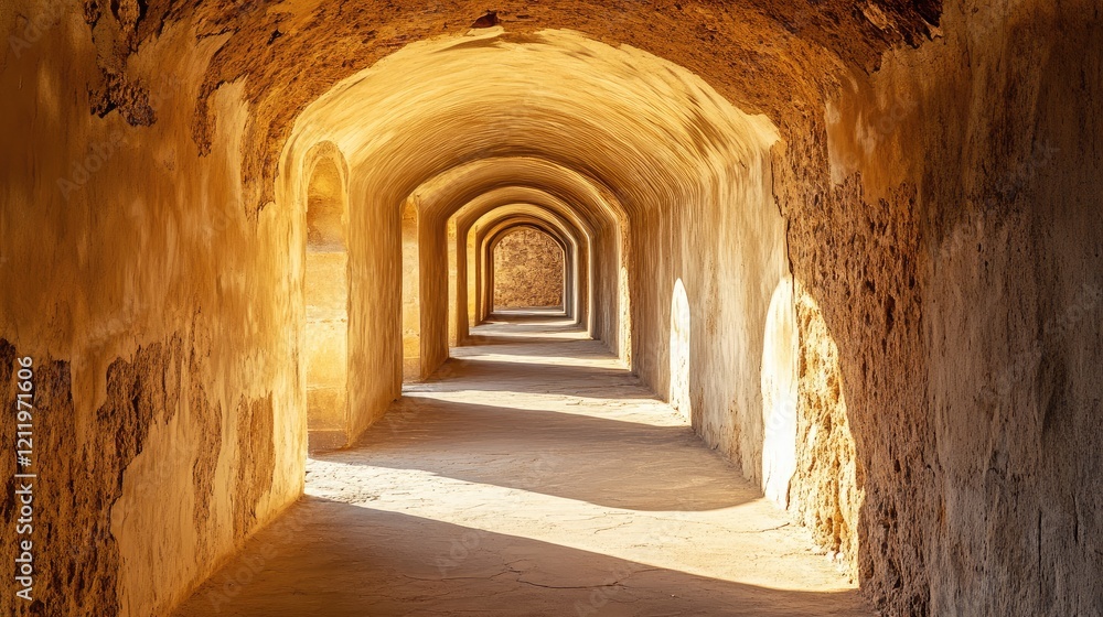 Poster tunnel pathway illuminated by natural light with shadows on textured cement walls