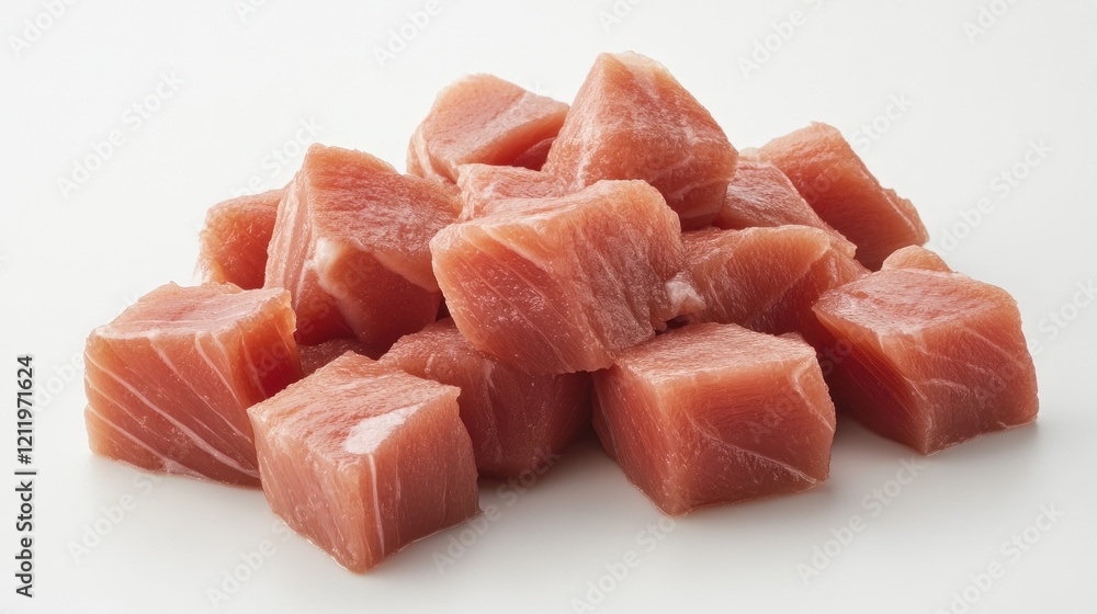 Poster fresh diced tuna fish for sushi preparation and garnishing in a modern culinary setting