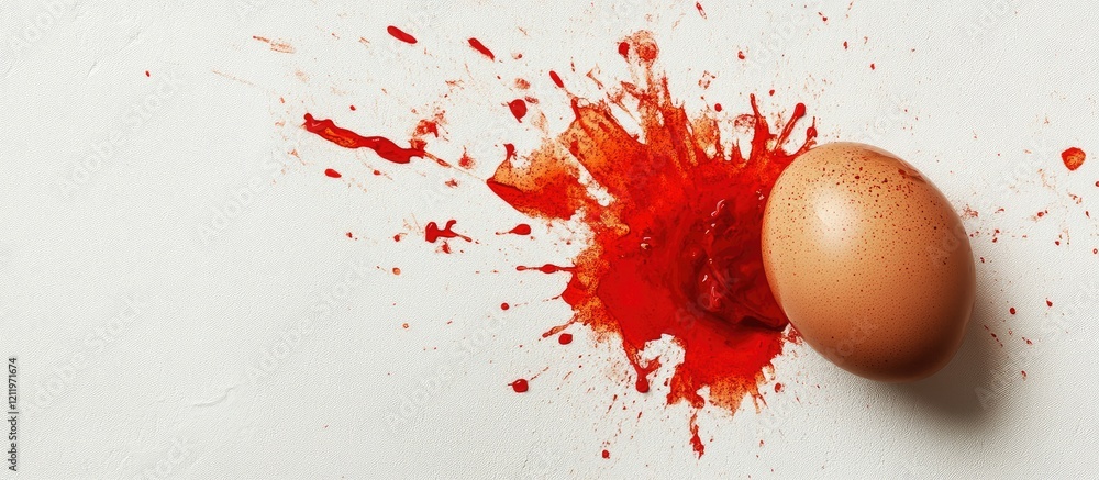 Aufkleber Cracked brown egg surrounded by vibrant red splash on neutral background with ample empty space for text or design elements