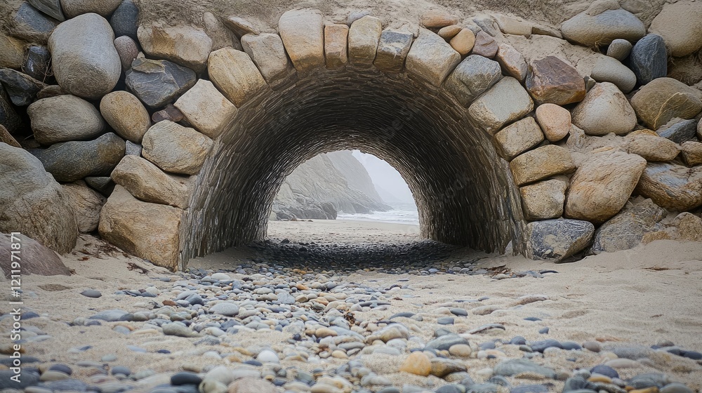 Poster coastal stone tunnel framed view of beach and sea with pebble foreground and soft waves in backgroun