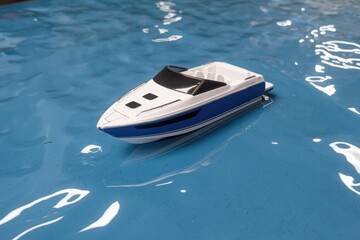 A small, blue and white model speedboat floats gently on a calm, blue surface, resembling water.