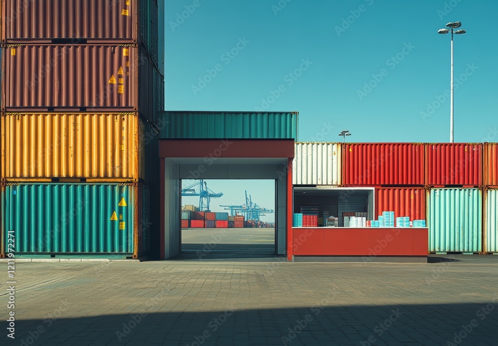 Poster colorful shipping containers stacked at a container port with clear blue sky and open space, transpo