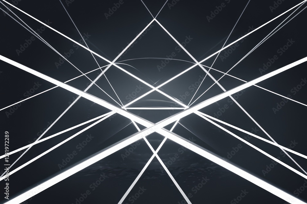 Poster Abstract geometric background with bright white lines intersecting in a dark space, creating a futuristic and dynamic visual.