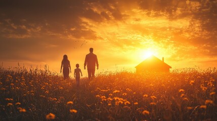Family Strolling in a Golden Field at Sunset Near a Cozy House