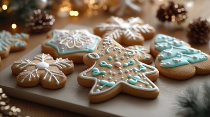 Festive Christmas cookies on wooden board, lights bokeh