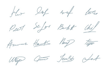 Fake Signature or Autograph Thin Line Hand Drawn Style Set. Vector illustration of Handwriting Scribble by Pen