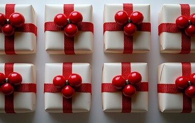 Eight cream-colored square gifts with red ribbons and berries arranged in a grid.
