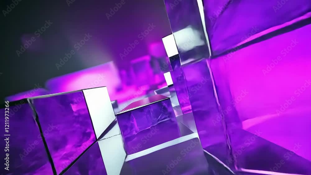 Poster dynamic purple abstract cubes create reflections and textures, suggesting a modern, artistic explora